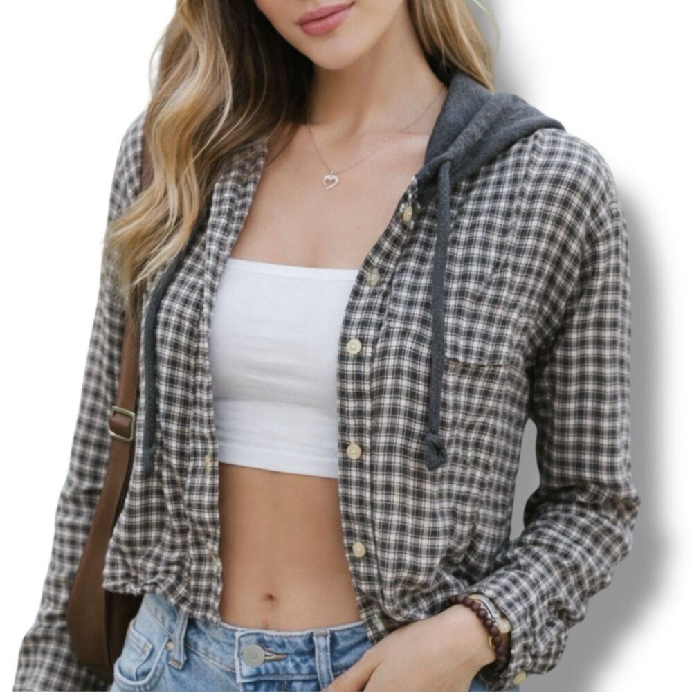 American Eagle Cropped Hooded Plaid Shirt Womens S Button Front‎ Casual